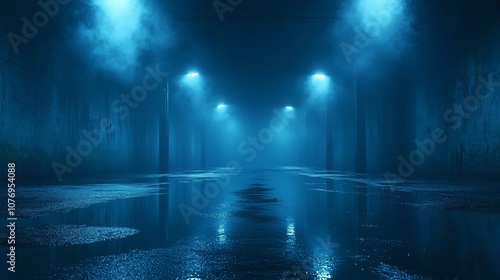 Mysterious Blue Night Tunnel with Reflections photo