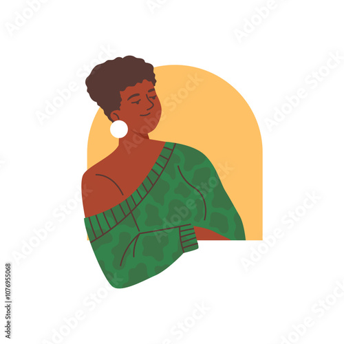 Vector illustration of a dark skinned woman peeping over a semicircular yellow hole.