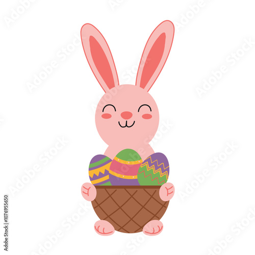 A vector illustration of a beautiful pink adult young hare with eggs isolated on a white background