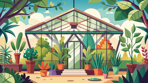 A greenhouse with many plants and a large glass roof