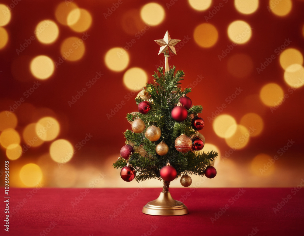 Small christmas tree decorated with red and gold ornaments standing on a red background with warm bokeh lights Small christmas tree decorated with red and gold ornaments standing on a red background with warm bokeh lights