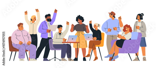 Team collaboration diverse group brainstorming meeting laptops diverse characters