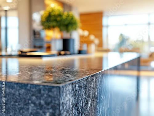 detail-oriented close-up of a marble granite kitchen island, set in a modern, bright kitchen space, emphasizing texture, elegance, and functionality for product display photo