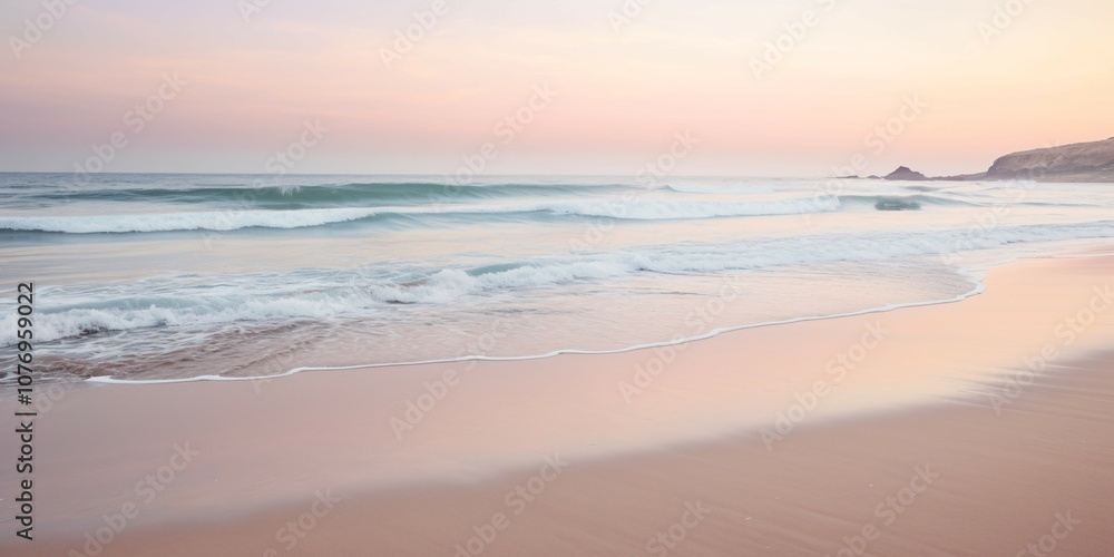Obraz premium Soothing ocean waves at sunset with calm beach background