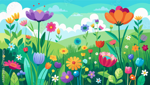 A colorful field of flowers with a blue sky in the background