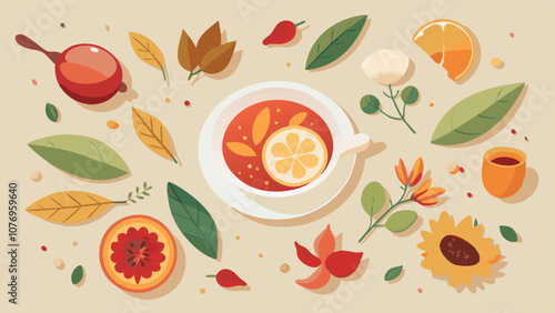 A colorful drawing of a cup of tea with a slice of orange and a leafy garnish