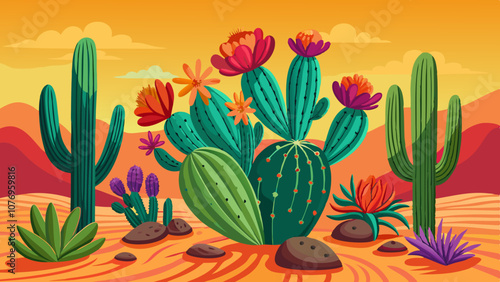 A desert scene with a variety of cacti and flowers