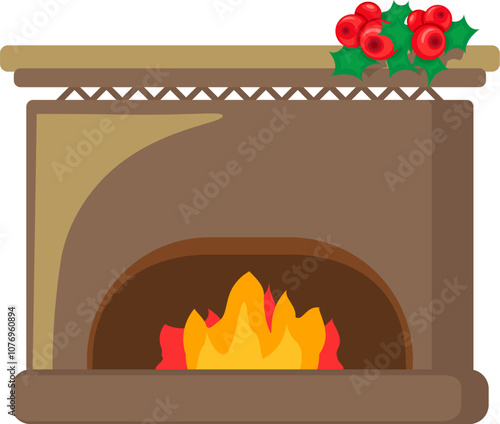 Holiday cozy home fireplace decorated with a sprig of red berries with burning cozy flame. Festive weekend place of home rest for cartoon vector illustration isolated on white background