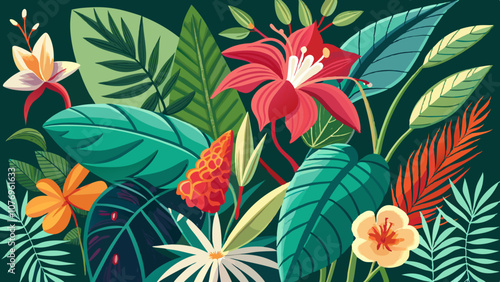 A colorful painting of a tropical forest with many different types of flowers