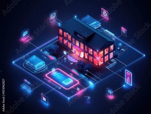 Isometric blueprint of a smart hotel with AIcontrolled energy management and guest services photo