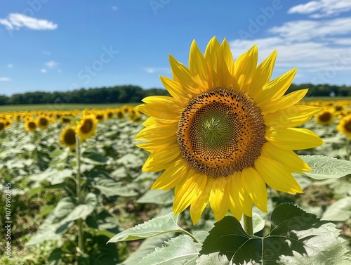 expansive field of radiant, golden sunflowers under a clear blue sky, with one sunflower prominently in the foreground, showcasing its vibrant petals and textured center in vivid detail photo