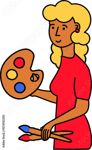 Vector illustration of a woman with paintbrushes and a palette in outline cartoon style. Creative spirit of French art. French art festivals, creativity and self-expression. The illustration is suitab