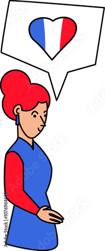 Vector illustration of a woman having a conversation in French in outline cartoon style. French identity and patriotism, love for the french language. The illustration is suitable for web design, post