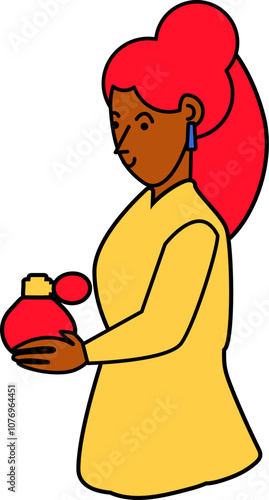 Vector illustration of a woman chooses a French perfume in outline cartoon style. The classic and timeless style of French fashion and fragrances. Perfumery and beauty products.The illustration is sui