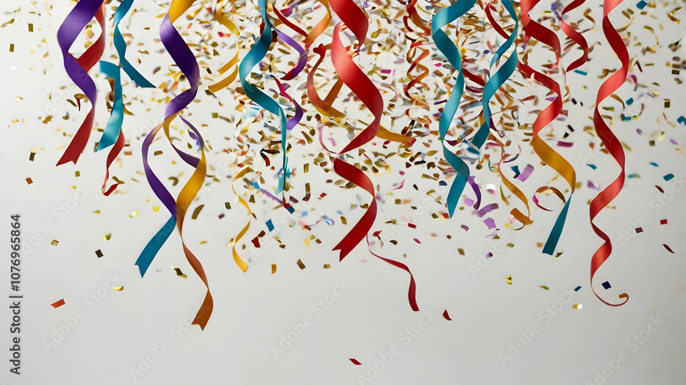 Naklejka premium A playful scattering of multicolored confetti and streamers on a clean white background, creating a lively celebration theme