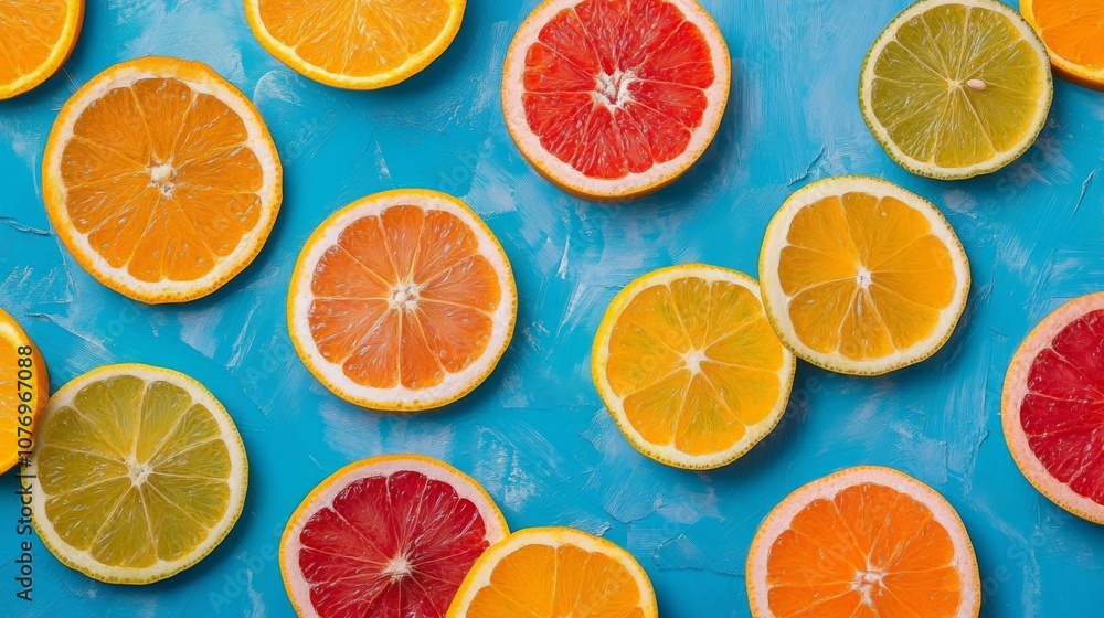 Assortment of Citrus Fruits on a Blue Background Assortment of Citrus Fruits on a Blue Background