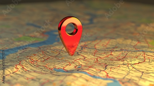 3D red location pin on a detailed map, illustrating navigation and direction. photo