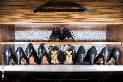 Stylish Shoe Collection Neatly Organized in a Modern Wooden Drawer photo