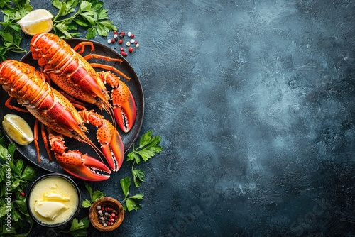 Freshly prepared lobster with herbs and lemon on a dark textured surface. photo