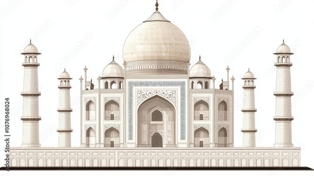 Obraz premium a highly detailed illustration of the taj mahal, isolated on a clear white background, highlighting its architectural grandeur and intricate marble work