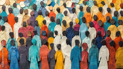 a large crowd of diverse people depicted in paper craft origami style, symbolizing overpopulation and societal diversity in a colorful, artistic representation photo