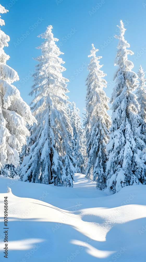 Snow-covered pine trees in a winter forest with a clear blue sky. Snow-covered pine trees in a winter forest with a clear blue sky.