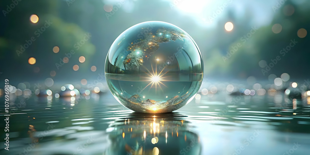 Fototapeta premium Glossy Light Reflection on Water Surface Symbolizing Clarity Epiphany Ideal for Advertisements Magazine Covers Copy Space Concept Photo Stock
