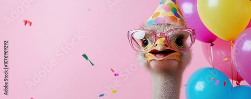 Happy Birthday Celebration, Party Time, Ostrich with Glasses and Party Hat, Balloons and Confetti, Girl Birthday Party Invite, Animal Birthday Series