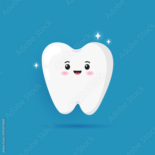 Cute happy healthy tooth. Cartoon smiling character tooth. Dental care, whitening, teeth protection and oral hygiene design. Flat illustration isolated on blue background.