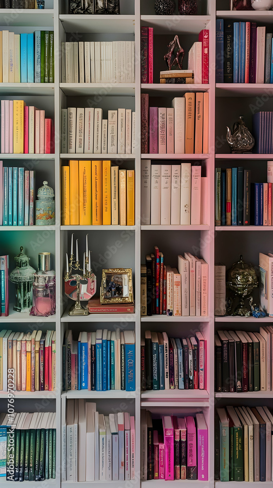 A bookshelf filled with books of various colors and sizes, with decorative items on the shelves.