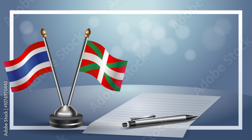 Thailand and Basque lands Small national flag on bokeh background, cooperative relationship