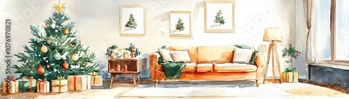 A cozy living room decorated for Christmas, featuring a festive tree, presents, and a comfortable sofa bathed in warm light.