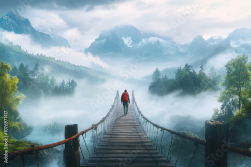 Photography A serene landscape featuring a lone figure crossing a foggy wooden bridge surrounded by mountains and lush greenery