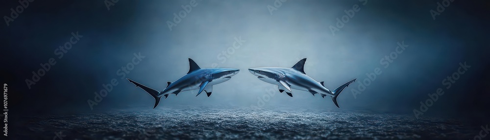 Fototapeta premium Two sharks circling each other in deep, dark ocean waters, sleek silver textures, monochromatic color scheme