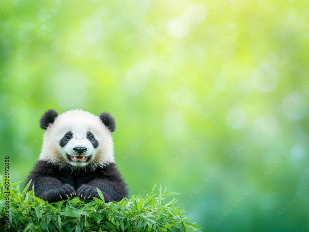 Fototapeta premium Panda, playful joy, bamboo forest, warm green tones, relaxed happiness