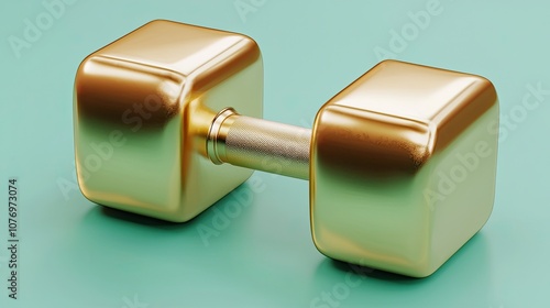 Golden dumbbell on a teal background, symbolizing fitness and strength training. photo