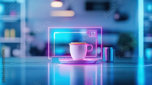 Holographic coffee station, futuristic office setting, soft neon light, techthemed break photo