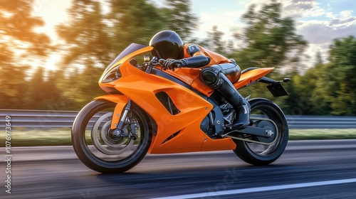 Speedy motorcycle riding on the highway during sunset. photo