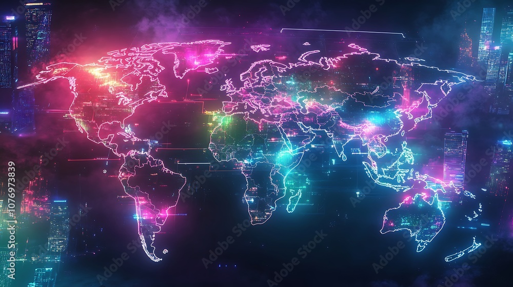 Obraz premium Neon World Map Over a Futuristic City Skyline
