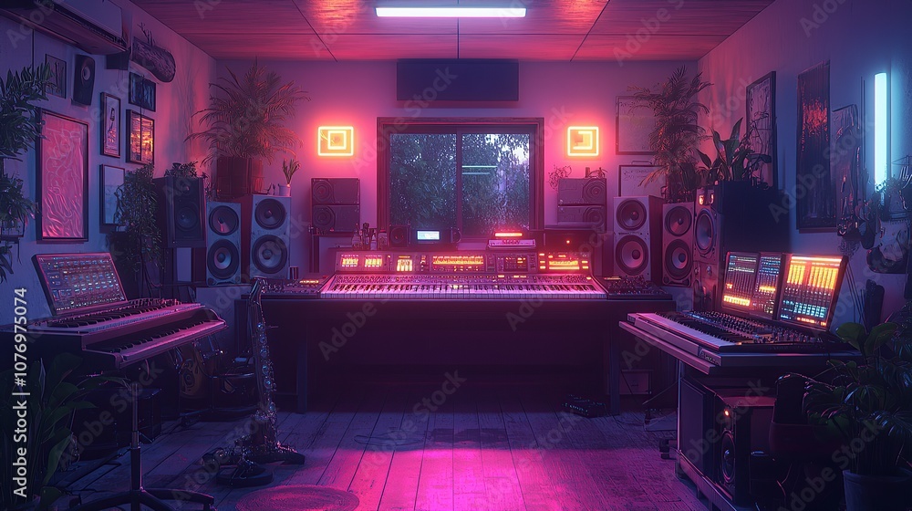 Neon lights illuminate a music studio with a mixing board, keyboards, and speakers, creating a vibrant and energetic atmosphere. Neon lights illuminate a music studio with a mixing board, keyboards, and speakers, creating a vibrant and energetic atmosphere.