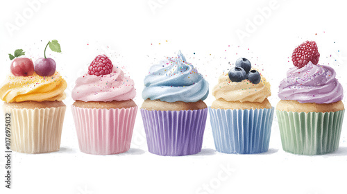 Row of Five Colorful Cupcakes with Unique Frosting and Festive Decorations on White Background