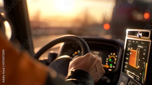 Detailed close-up of truck driver's hands on steering wheel at sunset