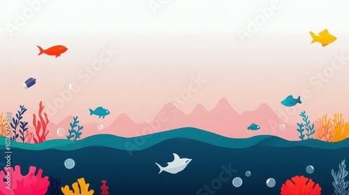 Clean ocean, plasticfree sea creatures, flat design illustration photo