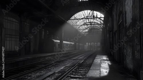 A black and white photo of a train moving through