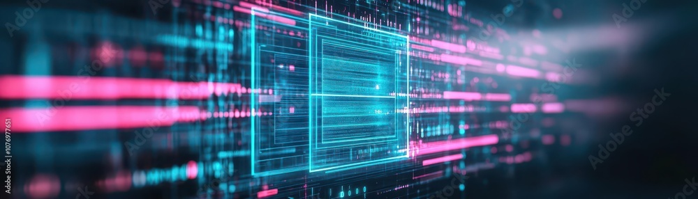 Fototapeta premium A holographic lending interface projecting from a bank wall, minimalist cyber aesthetic, neon teal and pink, ultrarealistic render