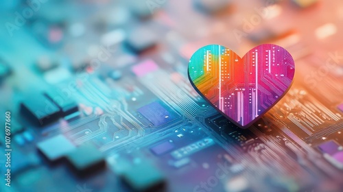 A heartshaped circuit board with vibrant colors, symbolizing the blend of technology and human warmth, soft watercolor photo