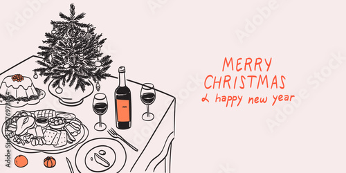 Vector illustrations for new year celebration greeting or family dinner invitation. Modern horizontal poster placard with ink minimal line food and drinks. Christmas dinner table chalk crayon drawing.