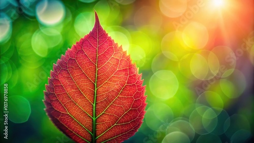 A single, vibrant red leaf stands out against a backdrop of soft, bokeh-filled green and yellow hues, showcasing nature's delicate artistry and the transition from summer to autumn.
