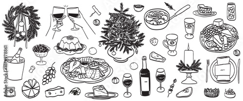 Hand drawn ink food and wine illustrations. Christmas or new year table icons in chalk, ink, charcoal, crayon style. Vector illustrations for new year celebration greeting or family dinner invitation.
