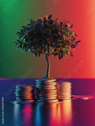 A small tree growing atop stacks of coins signifies financial growth, investment, and savings in a conceptual colorful background. photo